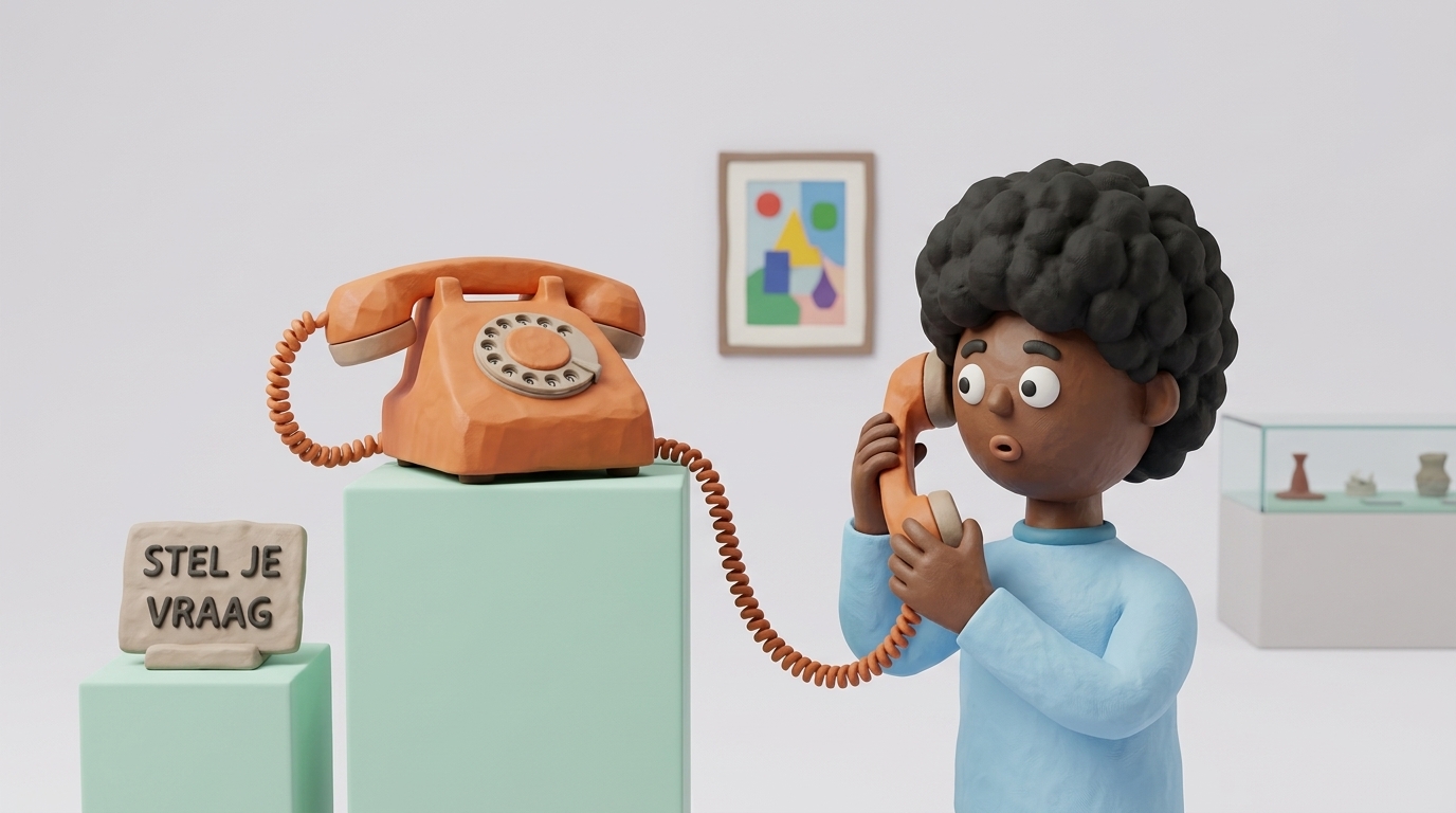 Kind met de hoorn aan het oor naast een telefoon op een sokkel en een bordje: stel je vraag