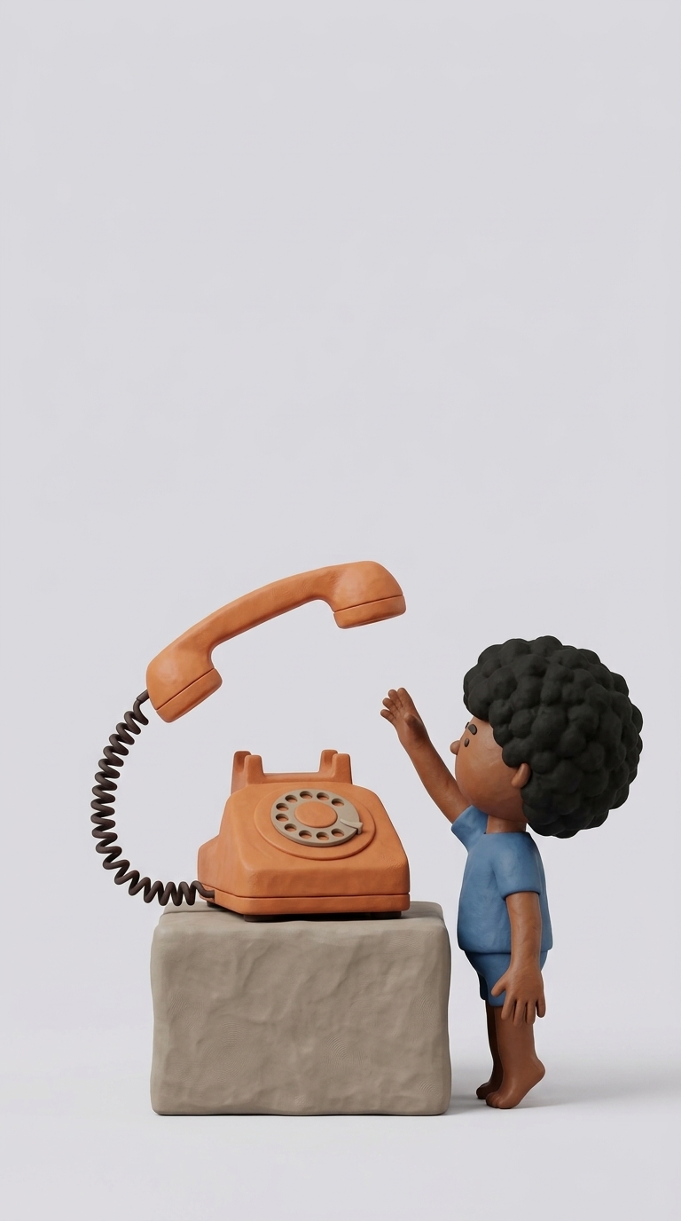Een kind reikt naar de hoorn van een oranje draaischijftelefoon op een sokkel